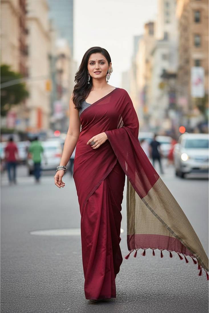 Maroon & golden fancy cotton handloom saree with blouse piece for women