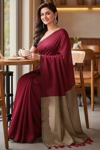 Maroon & golden fancy cotton handloom saree with blouse piece for women