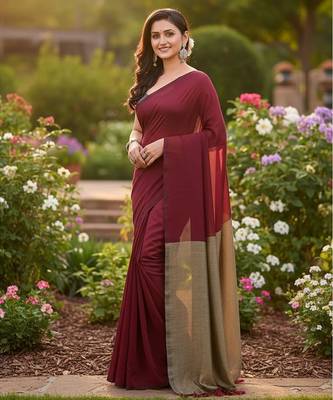 Maroon & golden fancy cotton handloom saree with blouse piece for women 3