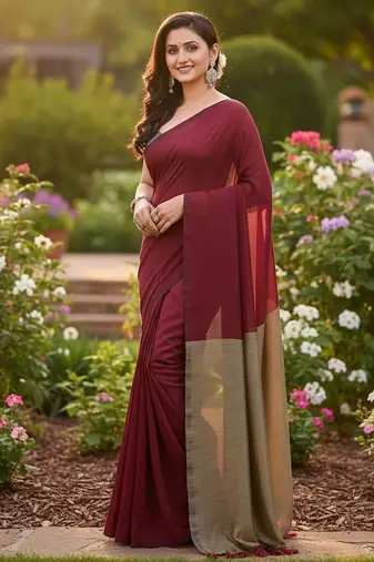 Maroon & golden fancy cotton handloom saree with blouse piece for women
