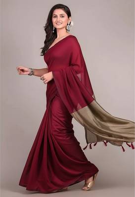 Maroon & golden fancy cotton handloom saree with blouse piece for women 4