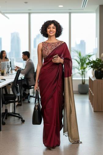 Maroon & golden fancy cotton handloom saree with blouse piece for women