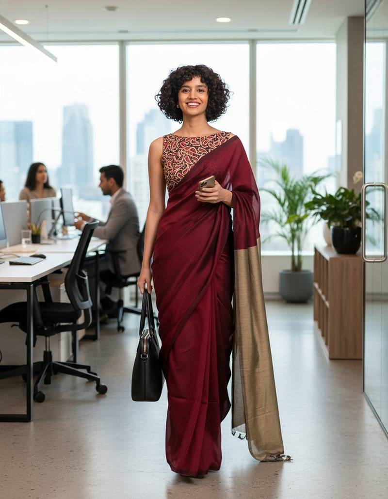 Maroon & golden fancy cotton handloom saree with blouse piece for women