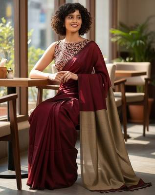 Maroon & golden fancy cotton handloom saree with blouse piece for women 2