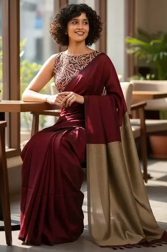 Maroon & golden fancy cotton handloom saree with blouse piece for women