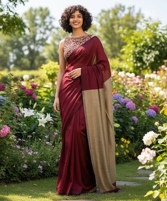 Maroon & golden fancy cotton handloom saree with blouse piece for women 3
