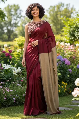 Maroon & golden fancy cotton handloom saree with blouse piece for women
