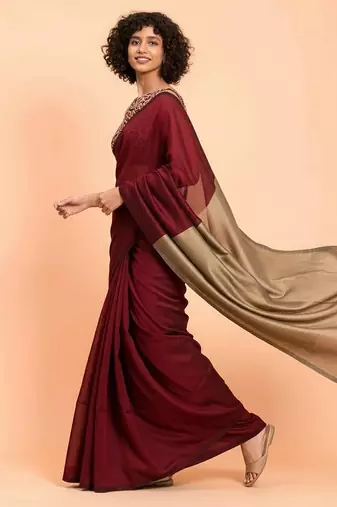 Maroon & golden fancy cotton handloom saree with blouse piece for women