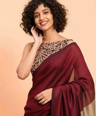 Maroon & golden fancy cotton handloom saree with blouse piece for women 5