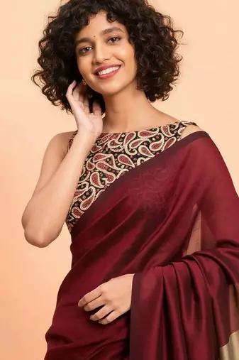 Maroon & golden fancy cotton handloom saree with blouse piece for women
