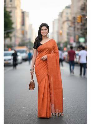 Orange fancy cotton handloom saree with blouse piece for women 1