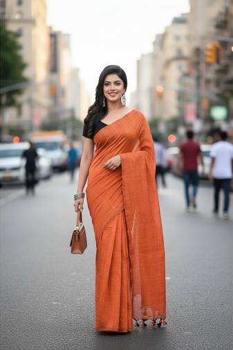 Orange fancy cotton handloom saree with blouse piece for women