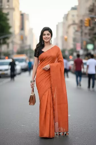 Orange fancy cotton handloom saree with blouse piece for women