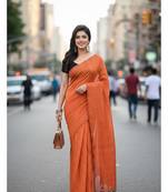 Orange fancy cotton handloom saree with blouse piece for women