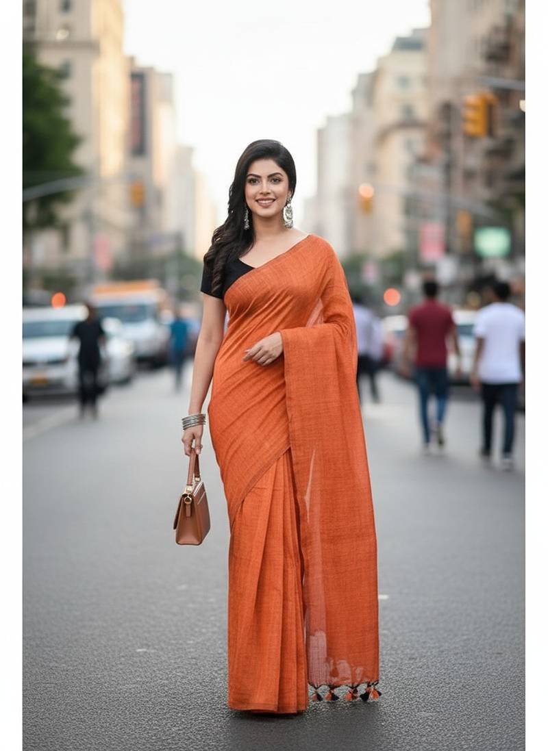 Orange fancy cotton handloom saree with blouse piece for women