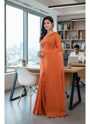 Orange fancy cotton handloom saree with blouse piece for women 2