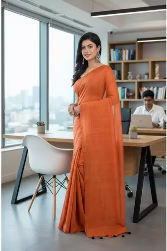 Orange fancy cotton handloom saree with blouse piece for women