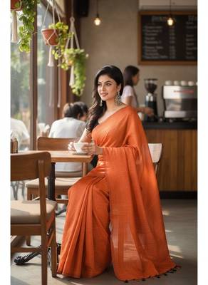 Orange fancy cotton handloom saree with blouse piece for women 3