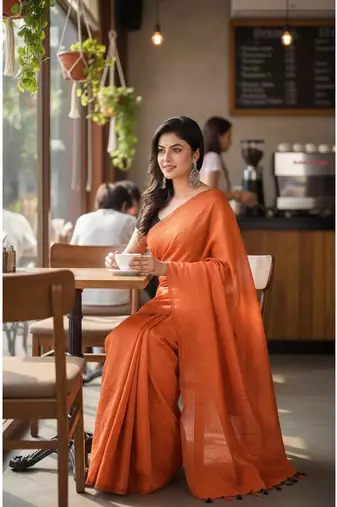 Orange fancy cotton handloom saree with blouse piece for women