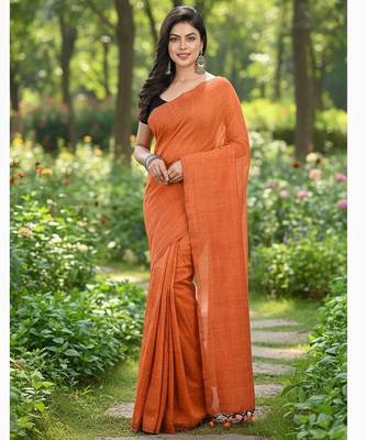 Orange fancy cotton handloom saree with blouse piece for women 4