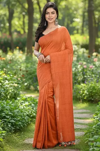 Orange fancy cotton handloom saree with blouse piece for women