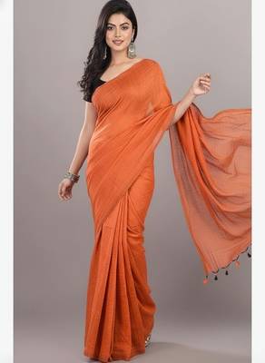 Orange fancy cotton handloom saree with blouse piece for women 5