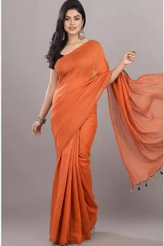 Orange fancy cotton handloom saree with blouse piece for women
