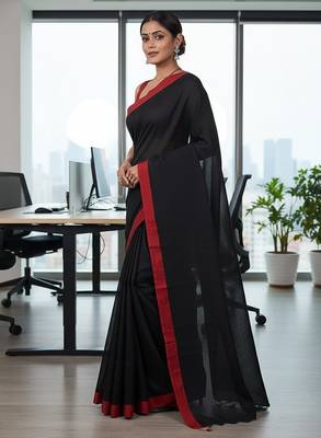 Red & black fancy cotton handloom saree with blouse piece for women 1