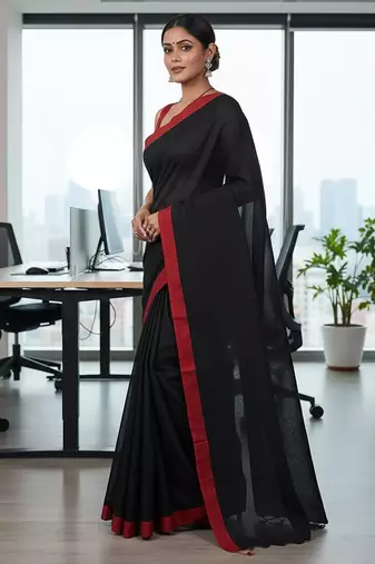 Red & black fancy cotton handloom saree with blouse piece for women