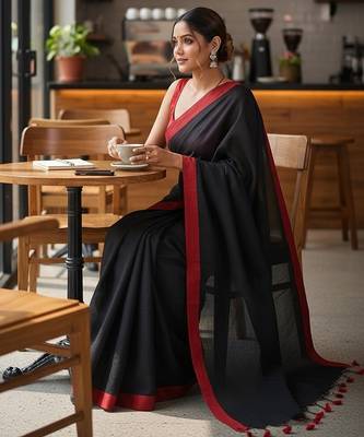 Red & black fancy cotton handloom saree with blouse piece for women 3