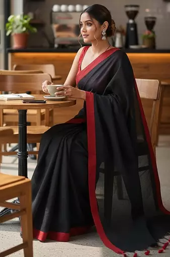 Red & black fancy cotton handloom saree with blouse piece for women