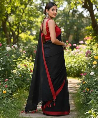 Red & black fancy cotton handloom saree with blouse piece for women 4