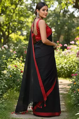 Red & black fancy cotton handloom saree with blouse piece for women