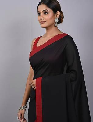 Red & black fancy cotton handloom saree with blouse piece for women 5
