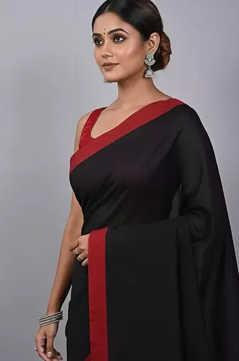 Red & black fancy cotton handloom saree with blouse piece for women