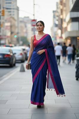 Red & blue fancy cotton handloom saree with blouse piece for women 1