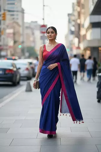 Red & blue fancy cotton handloom saree with blouse piece for women