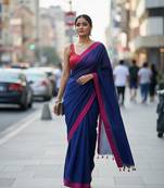 Red & blue fancy cotton handloom saree with blouse piece for women