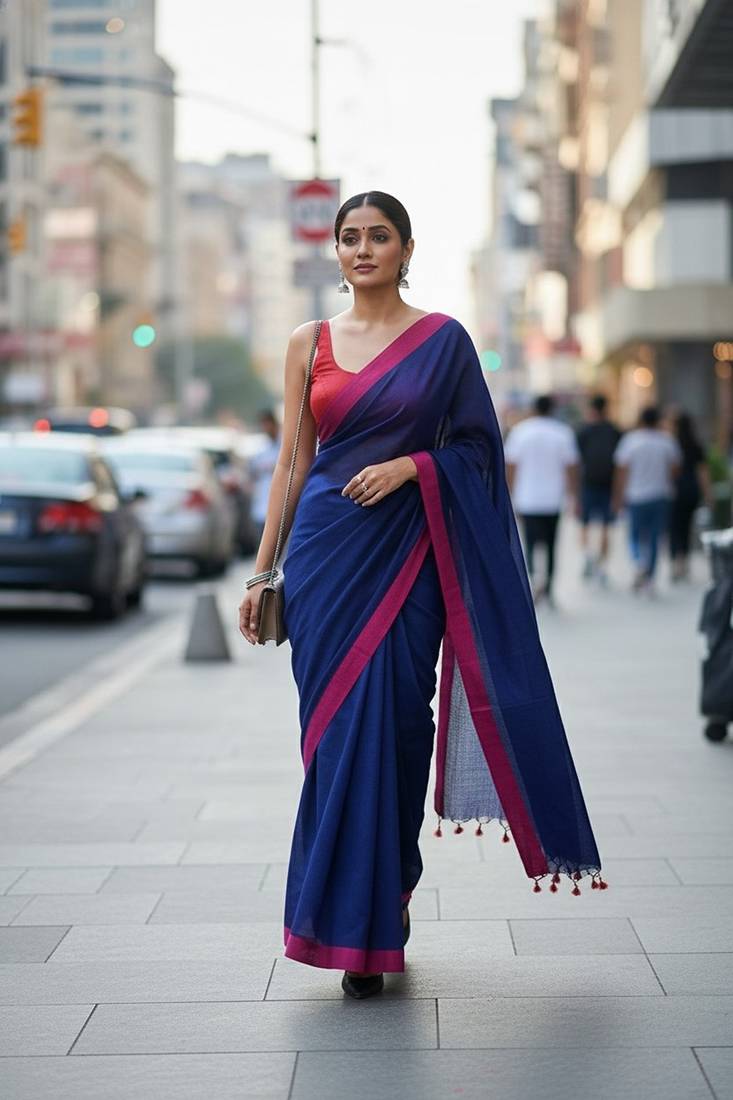 Red & blue fancy cotton handloom saree with blouse piece for women
