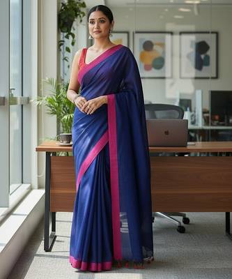 Red & blue fancy cotton handloom saree with blouse piece for women 2