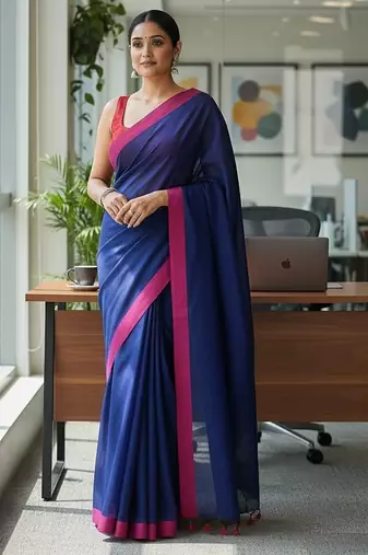Red & blue fancy cotton handloom saree with blouse piece for women