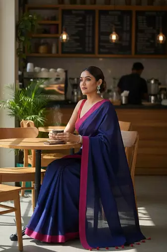 Red & blue fancy cotton handloom saree with blouse piece for women