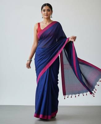 Red & blue fancy cotton handloom saree with blouse piece for women 4