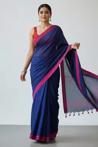 Red & blue fancy cotton handloom saree with blouse piece for women
