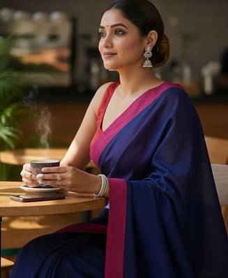 Red & blue fancy cotton handloom saree with blouse piece for women 5