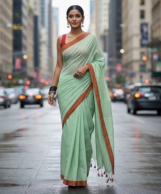 Red & firoza fancy cotton handloom saree with blouse piece for women 1