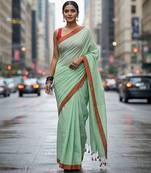 Red & firoza fancy cotton handloom saree with blouse piece for women