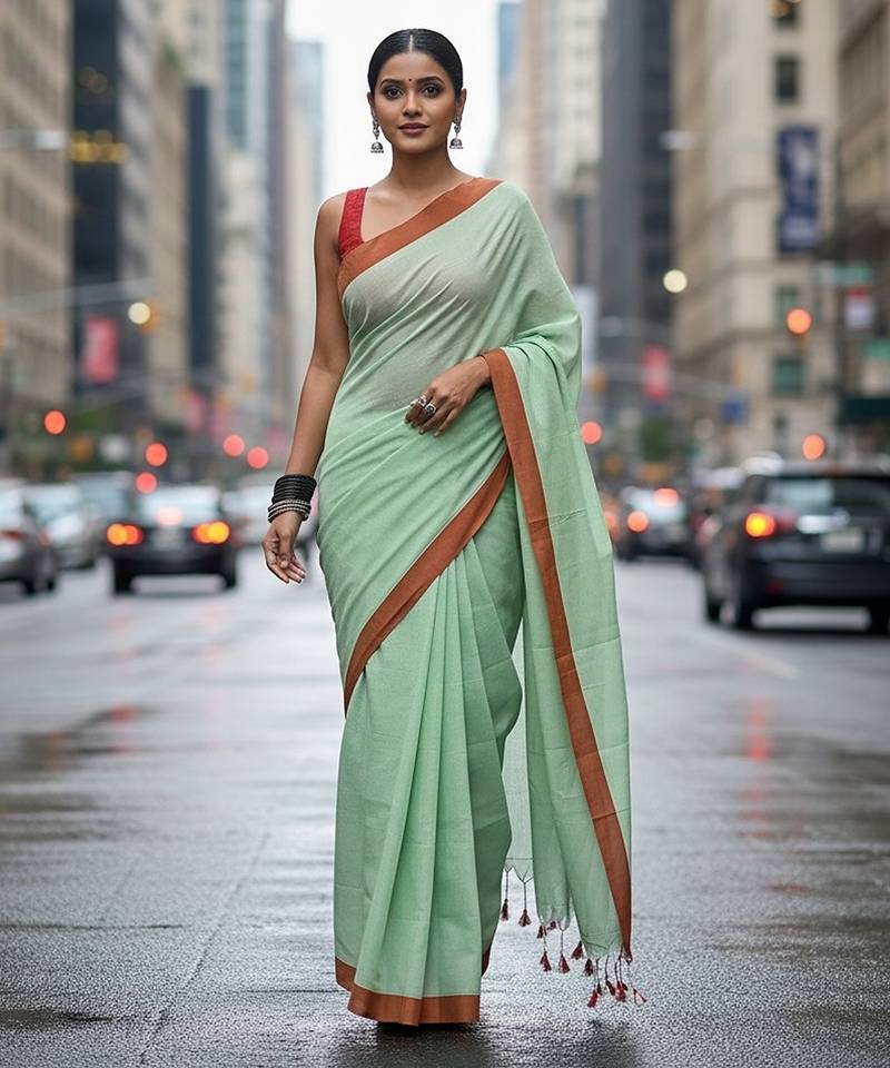 Red & firoza fancy cotton handloom saree with blouse piece for women