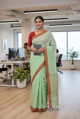 Red & firoza fancy cotton handloom saree with blouse piece for women 2