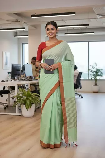 Red & firoza fancy cotton handloom saree with blouse piece for women